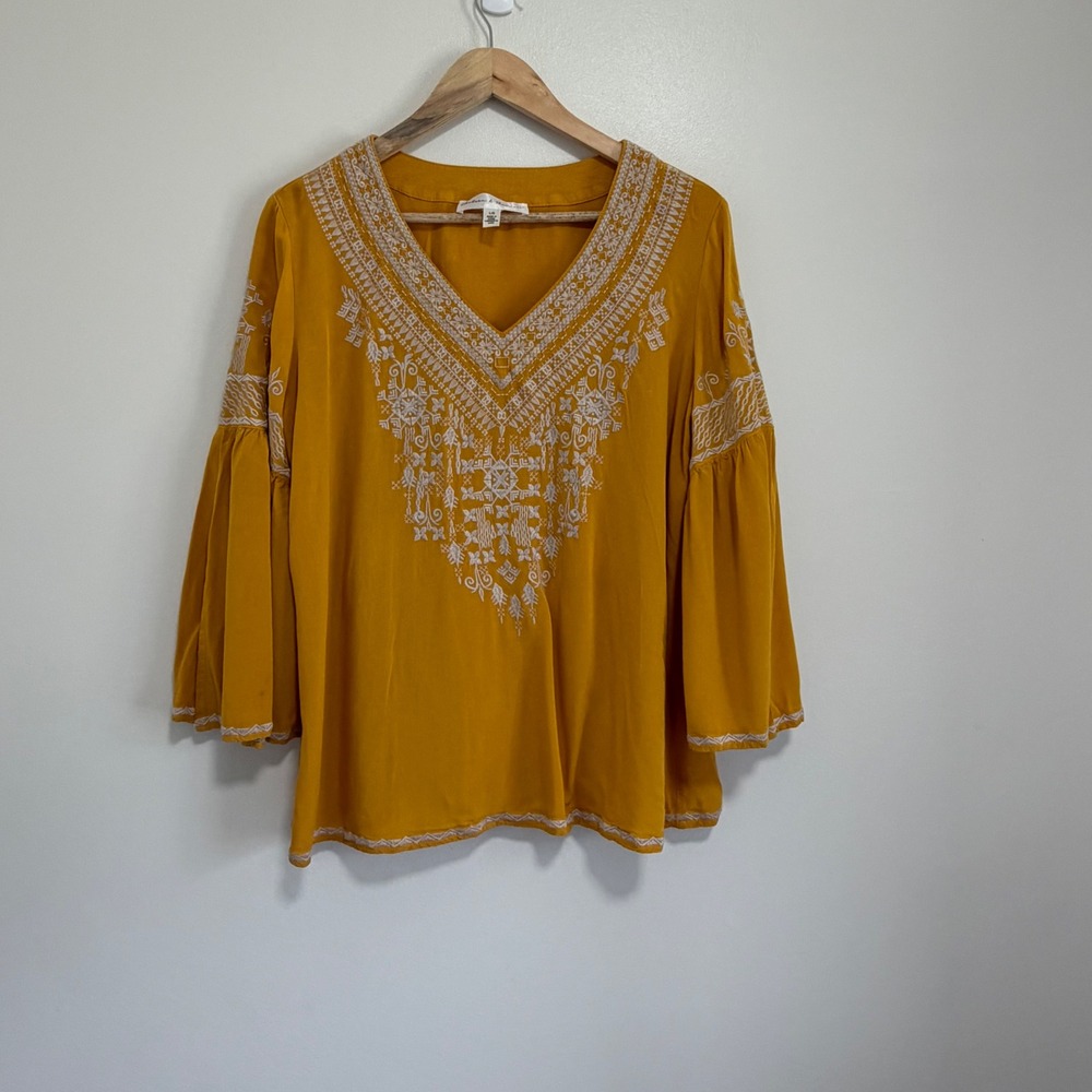 Chelsea & Theodore Mustard Yellow Embroidered Bell Sleeve Blouse Size Large